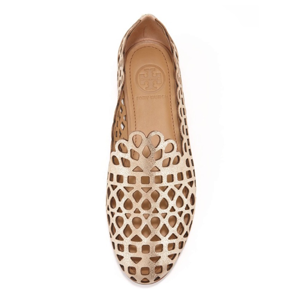 tory burch fiona laser cut smoking slippers in platinum